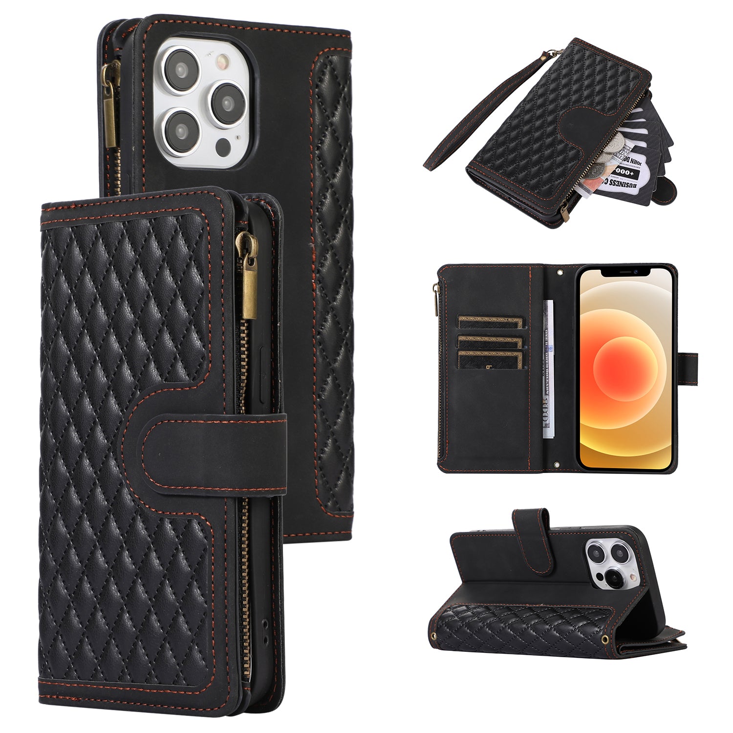 For iPhone 12 12 Pro 6.1 inch Zipper Pocket Leather Protective Shell Wallet Stand Phone Case with 9 Card Slots For iPhone 12 12 Pro 6.1 inch Zipper Pocket Leather Protective Shell Wallet Stand Phone Case with 9 Card Slots